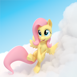Size: 1200x1200 | Tagged: safe, artist:frederickwilson, fluttershy, pony, g4, 3d, cloud, crossed hooves, female, flying, looking up, open mouth, sky, smiling, solo, spread wings, wings