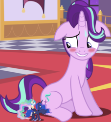 Size: 3064x3374 | Tagged: safe, artist:alexbroanimator, princess celestia, princess luna, starlight glimmer, alicorn, pony, unicorn, a royal problem, g4, blushing, cutie mark swap, floppy ears, high res, micro, royal sisters, sheepish grin, show accurate, shrunk, shrunklestia, sitting, size difference, spread wings, sweat, tiny ponies, wings