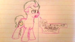 Size: 3264x1836 | Tagged: safe, artist:binkyt11, derpibooru exclusive, spike, dragon, pony, unicorn, g4, colt, lined paper, male, ponified spike, solo, speech bubble, traditional art