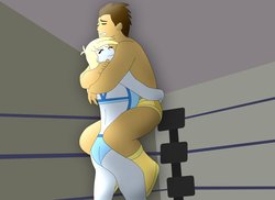 Size: 1600x1163 | Tagged: safe, artist:supermaxx92, derpy hooves, doctor whooves, time turner, equestria girls, g4, bearhug, bikini, clothes, equestria girls-ified, fight, speedo, swimsuit, wrestler, wrestling, wrestling ring
