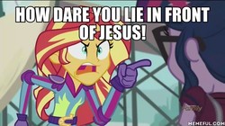 Size: 600x337 | Tagged: safe, screencap, sci-twi, sunset shimmer, twilight sparkle, equestria girls, g4, my little pony equestria girls: friendship games, a tale of two santas, angry, christian sunset shimmer, futurama, image macro, male, meme, memeful.com, sunset yells at twilight