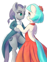 Size: 667x889 | Tagged: safe, artist:grissaecrim, coco pommel, maud pie, earth pony, pony, g4, bipedal, clothes, dress, female, looking at each other, mare, simple background, smiling