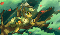 Size: 3640x2160 | Tagged: safe, artist:pirill, applejack, earth pony, pony, g4, 30 minute art challenge, apple, clothes, female, food, hat, high res, interview, mouth hold, notepad, pencil, reporter, solo, tree, tree branch, underhoof