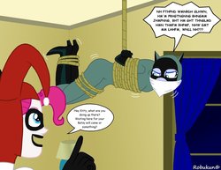 Size: 1018x785 | Tagged: safe, artist:robukun, pinkie pie, princess luna, vice principal luna, equestria girls, g4, arm behind back, bondage, bound and gagged, catwoman, cloth gag, gag, hanging, harley quinn, muffled words, rope, suspended, tied up