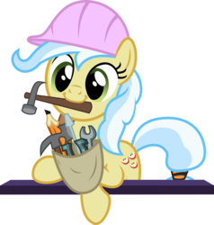 Size: 1130x1185 | Tagged: safe, artist:punzil504, ambrosia, cindy block, earth pony, pony, g4, cute, female, green eyes, hammer, hard hat, hat, mare, mouth hold, pencil, screwdriver, simple background, smiling, solo, tail, to saddlebags and back again, transparent background, two toned mane, two toned tail, vector, wrench