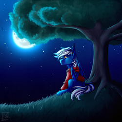 Size: 3500x3500 | Tagged: safe, artist:micky-ann, oc, oc only, oc:silver tongue, bat pony, pony, bat pony oc, clothes, commission, ear piercing, fangs, high res, male, moon, night, piercing, sitting, solo, stallion, stars, sweater, tree