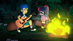 Size: 1280x720 | Tagged: safe, artist:ro994, flash sentry, sci-twi, twilight sparkle, equestria girls, g4, my little pony equestria girls: legend of everfree, camp everfree outfits, campfire, converse, female, guitar, male, ship:flashlight, ship:sci-flash, shipping, shoes, singing, sneakers, straight, watermark