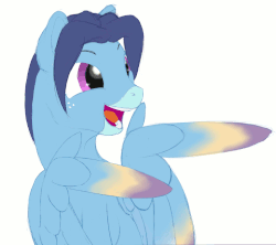 Size: 760x675 | Tagged: safe, artist:stillwaterspony, oc, oc only, oc:still waters, pegasus, pony, animated, dyed wings, eyebrow wiggle, feather guns, finger gun, finger guns, gif, grin, male, smiling, wing hands, wings