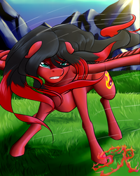 Size: 4800x6000 | Tagged: safe, artist:swiftriff, oc, oc only, oc:swiftriff, pegasus, pony, absurd resolution, cutie mark, grass, long hair, mountain, red and black oc, solo