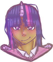 Size: 243x284 | Tagged: safe, artist:ultraderpymuffin, twilight sparkle, human, g4, alicorn humanization, blushing, bust, dark skin, female, horn, horned humanization, humanized, looking at you, portrait, simple background, smiling, solo, transparent background, winged humanization, wings