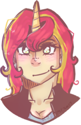 Size: 205x316 | Tagged: safe, artist:ultraderpymuffin, sunset shimmer, human, g4, blushing, bust, female, horn, horned humanization, humanized, looking at you, portrait, simple background, smiling, solo, transparent background