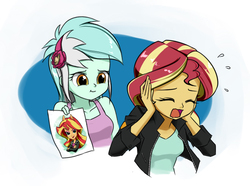 Size: 660x491 | Tagged: safe, artist:twilite-sparkleplz, lyra heartstrings, sunset shimmer, equestria girls, g4, clothes, crossed arms, cute, drawing, duo, eyes closed, female, jacket, leather jacket, lyrabetes, open mouth, ponied up, shimmerbetes, shirt, simple background, smiling, tank top