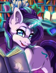 Size: 1024x1325 | Tagged: safe, artist:serenity, starlight glimmer, pony, unicorn, g4, bookshelf, female, magic, pretty, solo, speedpaint, speedpaint available, twilight's castle, wingding eyes