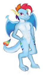 Size: 1800x2728 | Tagged: safe, artist:theshadowstone, rainbow dash, dragon, g4, dragoness, dragonified, female, hand on hip, looking at you, multicolored hair, rainbow dragon, simple background, solo, species swap, white background