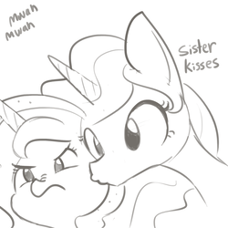 Size: 1650x1650 | Tagged: safe, artist:tjpones, princess celestia, princess luna, alicorn, pony, g4, angry, cheek kiss, cute, cutelestia, descriptive noise, duo, female, filly, kissing, luna is not amused, lunabetes, madorable, monochrome, mwah, nose wrinkle, platonic kiss, royal sisters, scrunchy face, sibling love, siblings, sisterly love, sisters, sketch, tjpones is trying to murder us, woona, younger