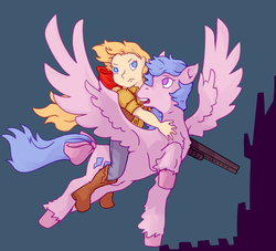 Size: 2269x2059 | Tagged: safe, artist:php93, firefly, megan williams, human, pegasus, pony, g1, rescue at midnight castle, bow, duo, flying, gun, high res, shotgun, tail bow, unshorn fetlocks, weapon