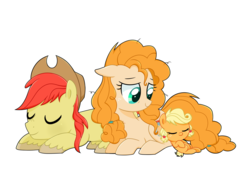 Size: 3600x2700 | Tagged: safe, artist:darkynez, applejack, bright mac, pear butter, earth pony, pony, g4, the perfect pear, baby, baby pony, babyjack, female, filly, foal, high res, male, mare, ship:brightbutter, shipping, simple background, sleeping, stallion, straight, transparent background
