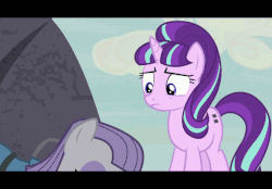 Size: 576x400 | Tagged: safe, edit, screencap, maud pie, starlight glimmer, pony, g4, rock solid friendship, animated, caption, cloud, duo, equal cutie mark, female, flashback, gif, notepad, pencil, rock, s5 starlight, stone, text, this will end in communism
