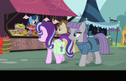 Size: 576x374 | Tagged: safe, edit, screencap, derpy hooves, lily, lily valley, maud pie, roseluck, starlight glimmer, earth pony, pony, g4, rock solid friendship, am i?, animated, background pony, caption, cloud, female, fruit, gif, market, ponyville, saddle bag, squint, tent, text