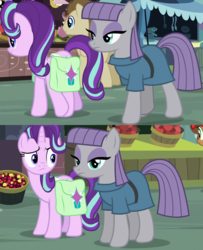 Size: 1138x1400 | Tagged: safe, edit, screencap, maud pie, starlight glimmer, earth pony, pony, g4, rock solid friendship, background pony, cropped, fruit, looking away, market, ponyville, saddle bag, tent