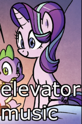 Size: 399x606 | Tagged: safe, edit, idw, spike, starlight glimmer, dragon, pony, unicorn, friendship is magic #56, g4, my little pony: friendship is magic (idw), cropped, cute, descriptive noise, elevator music, face of mercy, female, glimmerbetes, image macro, male, mare, meme, open mouth, sitting, smiling