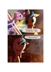 Size: 3541x5016 | Tagged: safe, artist:gashiboka, princess gold lily, twilight sparkle, oc, oc:firestorm, alicorn, pony, unicorn, comic:recall the time of no return, g4, absurd resolution, cloak, clothes, comic, duo, duo female, female, horn, magic, mare, twilight sparkle (alicorn), unicorn oc