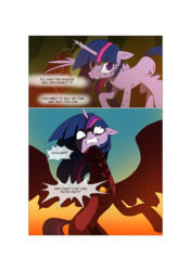 Size: 3541x5016 | Tagged: safe, artist:gashiboka, twilight sparkle, oc, oc:brotonia, alicorn, pony, comic:recall the time of no return, g4, absurd resolution, comic, fake twilight, flying, magic, twilight sparkle (alicorn), zygon