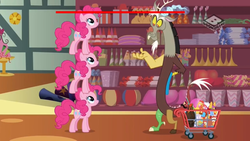 Size: 2560x1440 | Tagged: safe, edit, edited screencap, screencap, discord, pinkie pie, discordant harmony, g4, boomerang (tv channel), comparison, height difference, multeity, shopping, shopping cart, size comparison, stack, stacking