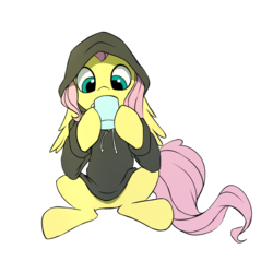 Size: 2000x2000 | Tagged: safe, artist:vistamage, fluttershy, pony, g4, clothes, cup, drinking, female, high res, hoodie, hoof hold, looking at something, simple background, sitting, sketch, solo, transparent background