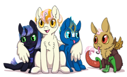 Size: 1148x695 | Tagged: safe, artist:anonymous-potayto, oc, oc only, oc:allure, oc:angle cake, oc:dream beacon, oc:muse, alicorn, draconequus, hybrid, pony, interspecies offspring, offspring, parent:discord, parent:fluttershy, parent:princess celestia, parent:princess luna, parent:sunburst, parents:discoshy, parents:lunaburst, simple background, white background