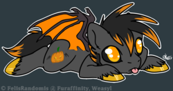 Size: 911x482 | Tagged: safe, artist:felisrandomis, oc, oc only, oc:dark pumpkin, bat pony, pony, :p, commission, prone, sploot, tongue out, ych result