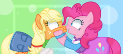 Size: 1908x842 | Tagged: safe, artist:emerald-bliss, applejack, pinkie pie, earth pony, pony, g4, base used, boop, clothes, equestria girls outfit, female, mare, noseboop, skirt, squishy cheeks