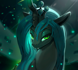 Size: 886x800 | Tagged: safe, artist:rodrigues404, queen chrysalis, changeling, changeling queen, g4, beautiful, crown, fangs, female, jewelry, lidded eyes, looking at you, mare, regalia, solo, unamused