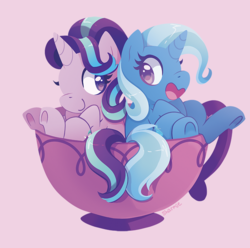 Size: 900x893 | Tagged: safe, artist:sharmie, starlight glimmer, trixie, pony, unicorn, g4, cup, cup of pony, cute, design, diatrixes, female, glimmerbetes, lesbian, looking at each other, micro, open mouth, pink background, ship:startrix, shipping, shirt design, simple background, smiling, teacup, that pony sure does love teacups, underhoof
