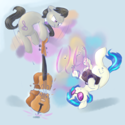 Size: 2160x2160 | Tagged: safe, artist:pucksterv, dj pon-3, octavia melody, vinyl scratch, earth pony, pony, unicorn, g4, break, breaking, cello, duo, female, high res, mare, music notes, musical instrument, simple background, sunglasses