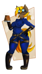 Size: 1300x2296 | Tagged: safe, artist:zzvinniezz, oc, oc only, oc:golden gear, unicorn, anthro, anthro oc, blushing, boots, clothes, commission, drink, female, gloves, goggles, looking at you, mare, mug, one eye closed, shoes, smiling, wink