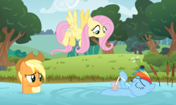 Size: 7000x4200 | Tagged: safe, artist:mundschenk85, artist:razorxpro, artist:skie-vinyl, artist:uxyd, applejack, fluttershy, rainbow dash, earth pony, pegasus, pony, g4, absurd resolution, cattails, female, mare, reeds, show accurate, swimming, trio, water