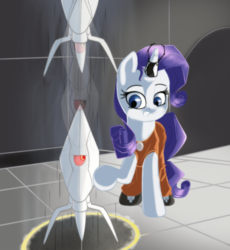 Size: 1447x1572 | Tagged: safe, artist:anonbelle, rarity, pony, unicorn, g4, crossover, female, horn, horn ring, long fall horseshoe, portal, portal (valve), portal gun, turret