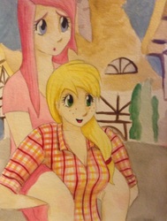 Size: 1936x2566 | Tagged: safe, artist:fireferretpabu13, applejack, pinkie pie, human, g4, magical mystery cure, a true true friend, duo, female, freckles, humanized, piggyback ride, pinkamena diane pie, scene interpretation, traditional art