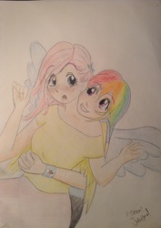 Size: 1836x2592 | Tagged: safe, artist:fireferretpabu13, fluttershy, rainbow dash, human, g4, female, hug, humanized, lesbian, ship:flutterdash, shipping, traditional art