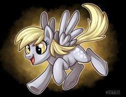Size: 1024x791 | Tagged: safe, artist:sciggles, derpy hooves, pegasus, pony, g4, female, flying, mare, open mouth, smiling, solo