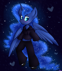 Size: 2993x3428 | Tagged: safe, artist:ashee, princess luna, alicorn, anthro, g4, belly button, blushing, clothes, female, high res, hoodie, jacket, pants, solo