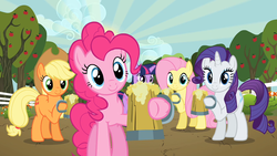 Size: 1280x720 | Tagged: safe, screencap, applejack, fluttershy, pinkie pie, rarity, twilight sparkle, earth pony, pegasus, pony, unicorn, g4, my little pony: friendship is magic, season 2, the super speedy cider squeezy 6000, apple tree, cider, cider mug, cutie mark, female, hoof hold, hooves, horn, looking at you, mare, mug, smiling, sweet apple acres, tankard, tree, wings