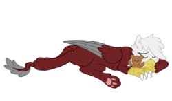 Size: 3400x2000 | Tagged: safe, artist:blues4th, oc, oc only, oc:marrow, griffon, cuddling, eyes closed, high res, lying down, paw pads, paws, simple background, sleeping, teddy bear, trail, transparent background, underpaw