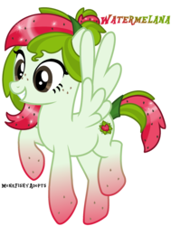 Size: 1816x2404 | Tagged: safe, artist:monkfishyadopts, oc, oc only, oc:watermelana, pegasus, pony, base used, flying, freckles, gradient hooves, melon, simple background, smiling, solo, transparent background