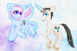 Size: 1065x701 | Tagged: safe, artist:evescintilla, oc, oc only, oc:eve scintilla, earth pony, pony, unicorn, dragging, facial hair, freckles, glasses, magic, telekinesis