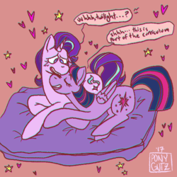 Size: 540x540 | Tagged: safe, artist:ponygutz, starlight glimmer, twilight sparkle, alicorn, pony, unicorn, g4, chromatic aberration, cushion, dialogue, female, lesbian, ship:twistarlight, shipping, twilight sparkle (alicorn)