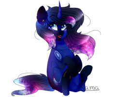 Size: 2000x1600 | Tagged: safe, artist:skimea, oc, oc only, oc:galaxy moon, pony, unicorn, curved horn, female, horn, horseshoes, mare, simple background, sitting, solo, transparent background, underhoof