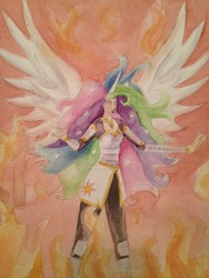 Size: 1024x1365 | Tagged: safe, artist:fireferretpabu13, princess celestia, human, g4, clothes, female, fire, horn, horned humanization, humanized, impossibly large horn, solo, traditional art, winged humanization, wings