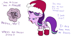 Size: 1600x817 | Tagged: safe, artist:projectfirelights, starlight glimmer, pony, unicorn, g4, camera, christmas, clothes, dialogue, hat, holiday, santa hat, simple background, socks, white background